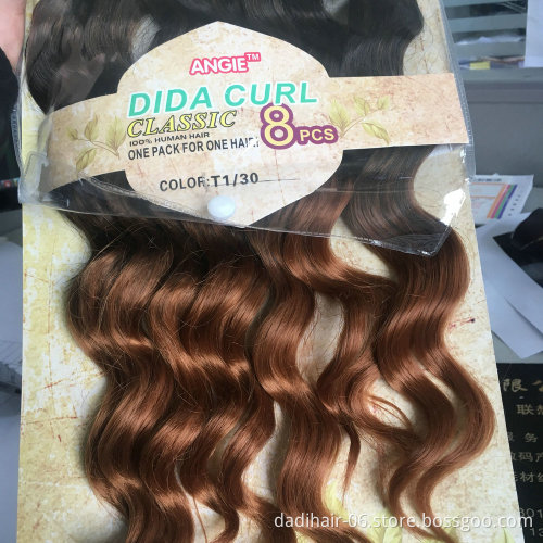Adorable cheap premium fiber dida curly 8pcs hair weave,Angie mixed two tone color synthetic hair extensions for black
